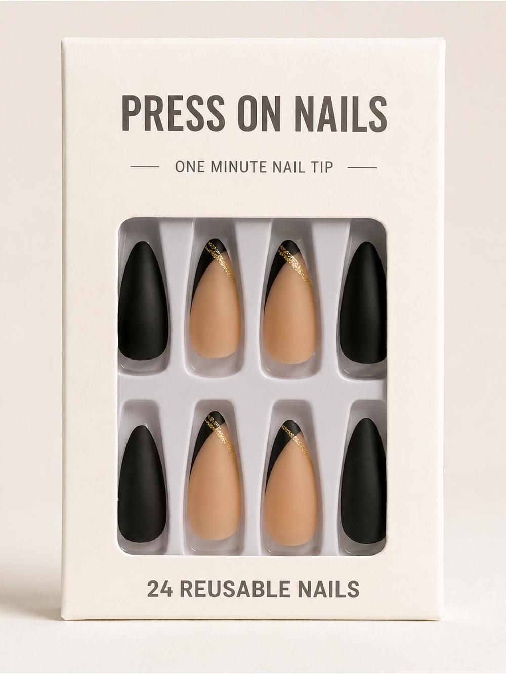 Black Nude Gold French Tip Press-On Nails 24pc NEW